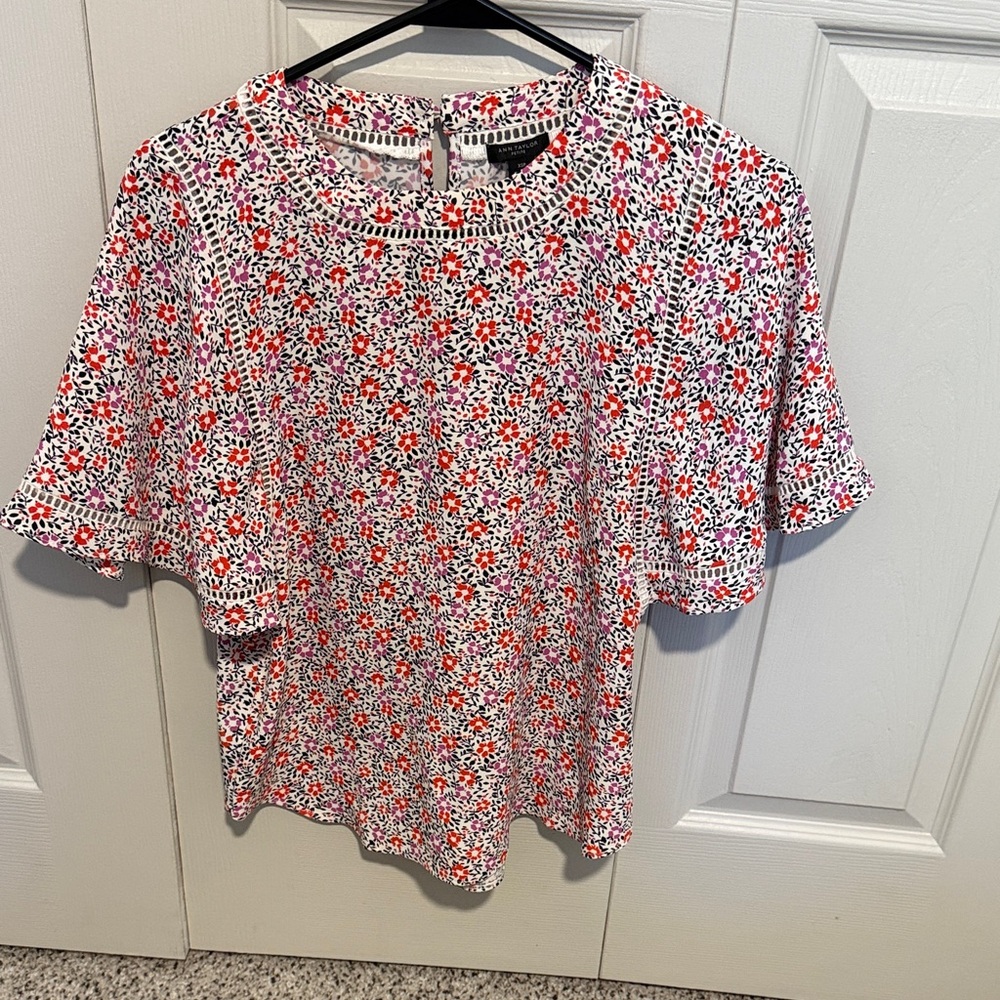 Ann Taylor White Blouse with Pink & Red Floral Print